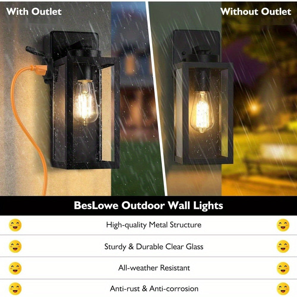 Outdoor Wall Light with Outlet 2-Pack - Modern Exterior Porch Wall Sconce Lighting Fixture for Front Door