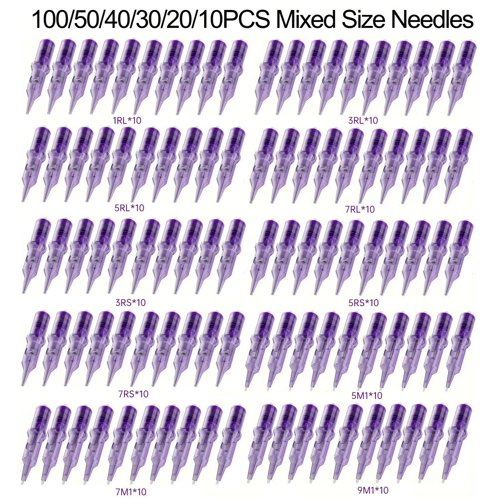 Disposable Tattoo Needles Mixed Size Sterilized RL RS M1 0.35mm, Safety Tattoo Needle Set for Tattoo Artists and Beginners