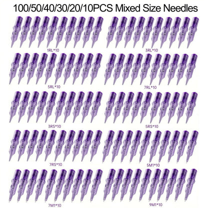 Disposable Tattoo Needles Mixed Size Sterilized RL RS M1 0.35mm, Safety Tattoo Needle Set for Tattoo Artists and Beginners