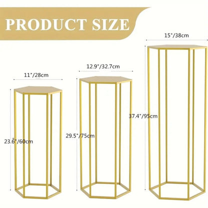 Golden Metal Dessert Display Stands with Three-Piece Square Pedestal Set or Double-Layer Hexagon Stand