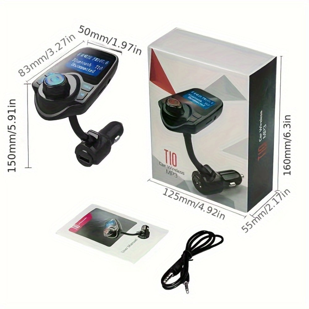 Flexible-Neck Car FM Transmitter with 1.44-Inch Display, Dual USB Ports, AUX Jack and Rotary Control