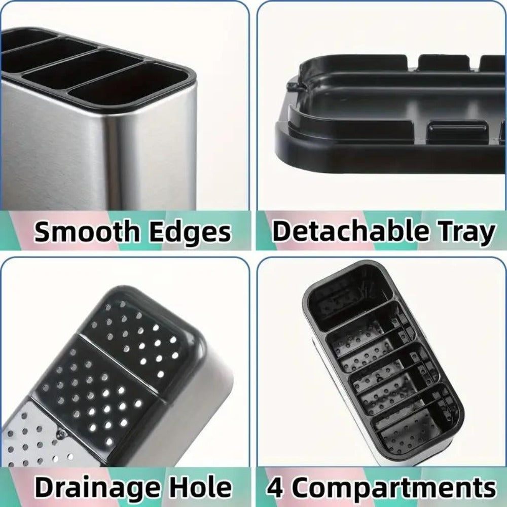 Utensil Holder Stainless Steel Cutlery Organizer 4-Compartment Countertop Caddy Anti-Slip for Home Cooking, Dining and Outdoor Meals
