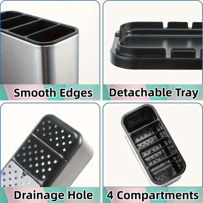 Utensil Holder Stainless Steel Cutlery Organizer 4-Compartment Countertop Caddy Anti-Slip for Home Cooking, Dining and Outdoor Meals