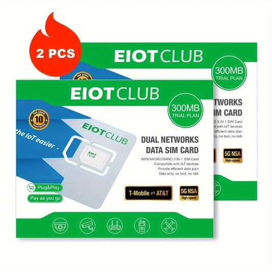Prepaid Data SIM Card 2 Pack for Security Camera 5G 4G LTE USA, AT&T & T-Mobile No Contract Plug & Play