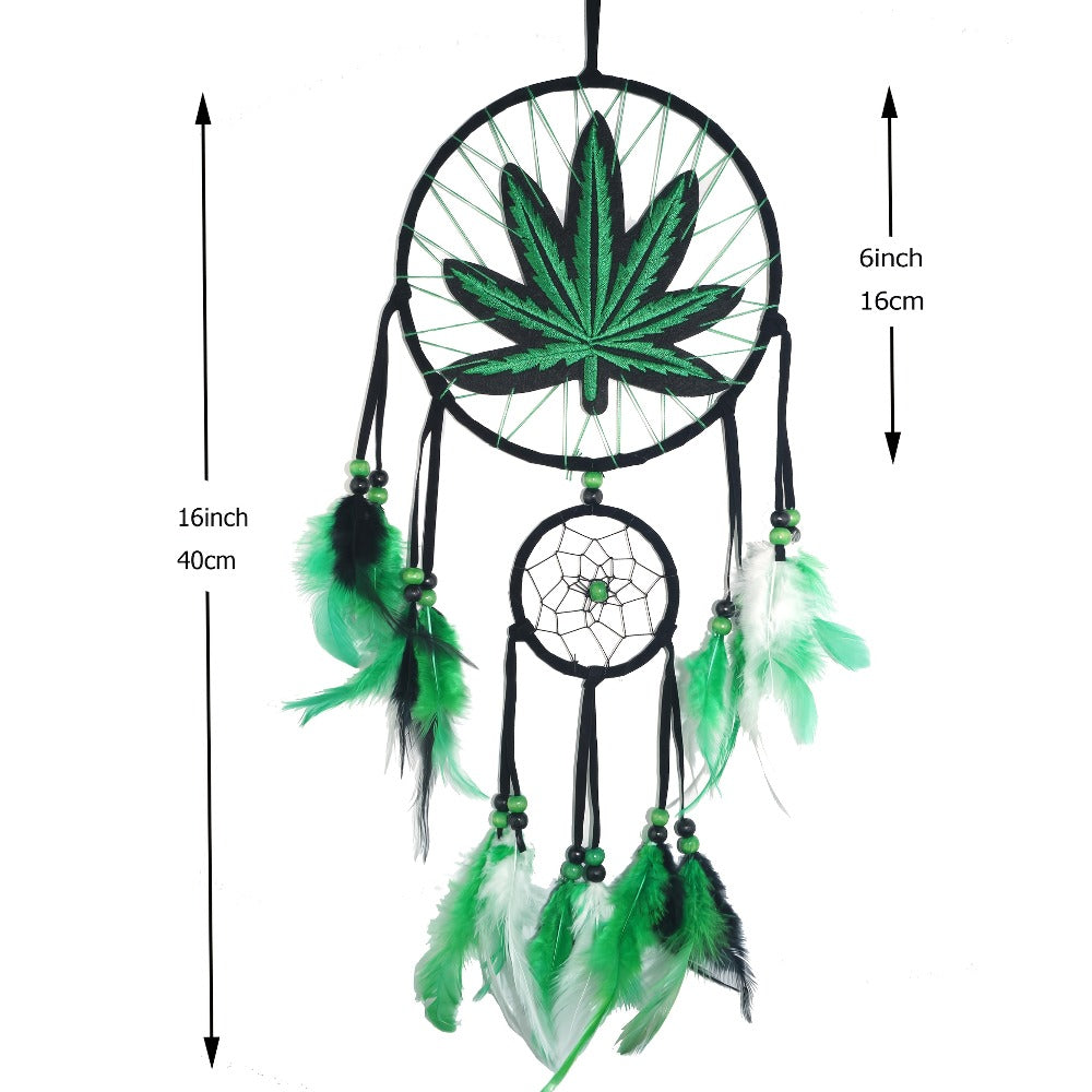 Bohemian Dream Catcher with Feathers & Leaf Embroidery, Boho Wall Hanging Decor for Bedroom, Bedside