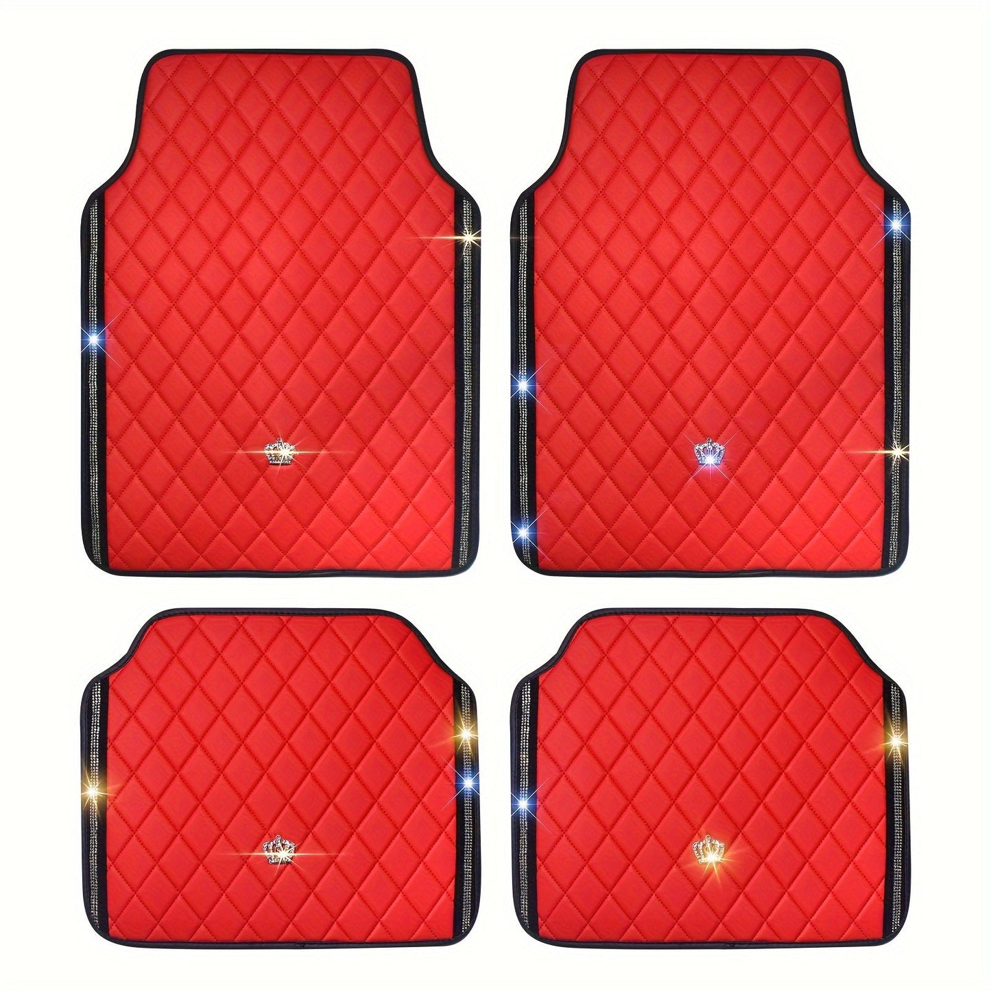 Quilted Crown Car Floor Mats, Four-Piece Set in Red, Black or Prismatic Embossed Style Options