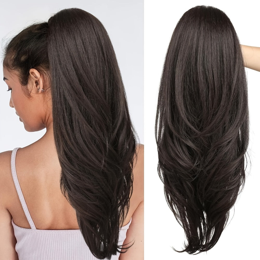 Drawstring Ponytail Extension for Women Long Wavy Layered Wrap Around Clip In Synthetic Pony Tail 26 Inch No Glue No Heat Blonde Brown Ash