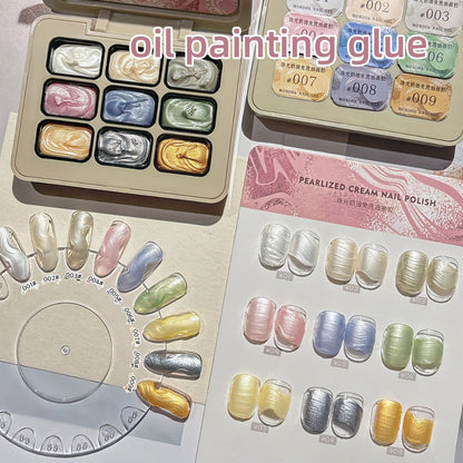 Pearlescent Nail Gel 9-Grid Shell Shimmer Mother of Pearl Cream Oil Painting Gel Polish Set – Multicolor Glitter Iridescent Spiral Design