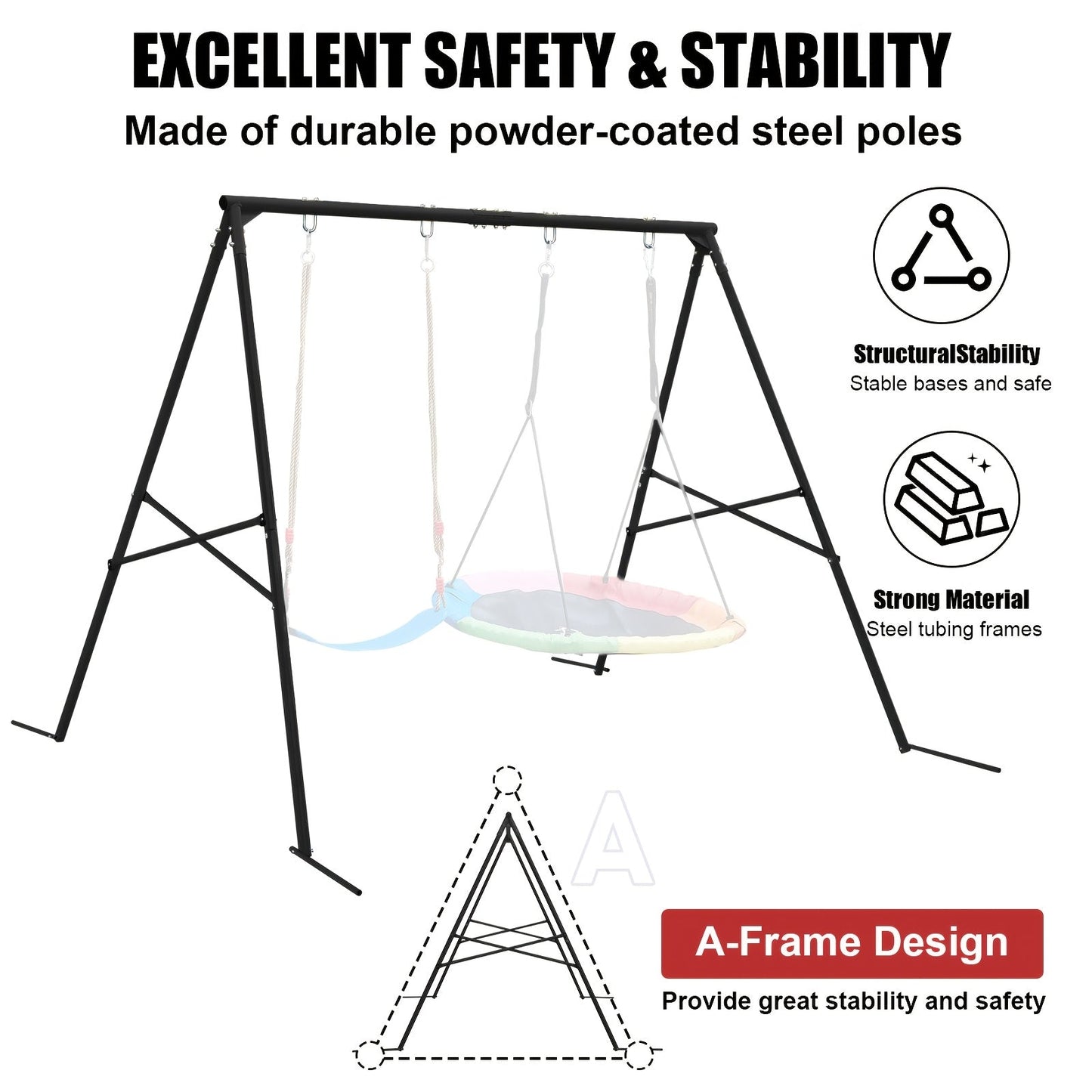 Heavy Duty Swing Set Frame – Full Steel A-Frame Outdoor Swing Stand with Ground Stakes, Supports 2 Swings & Up to 550 LBS