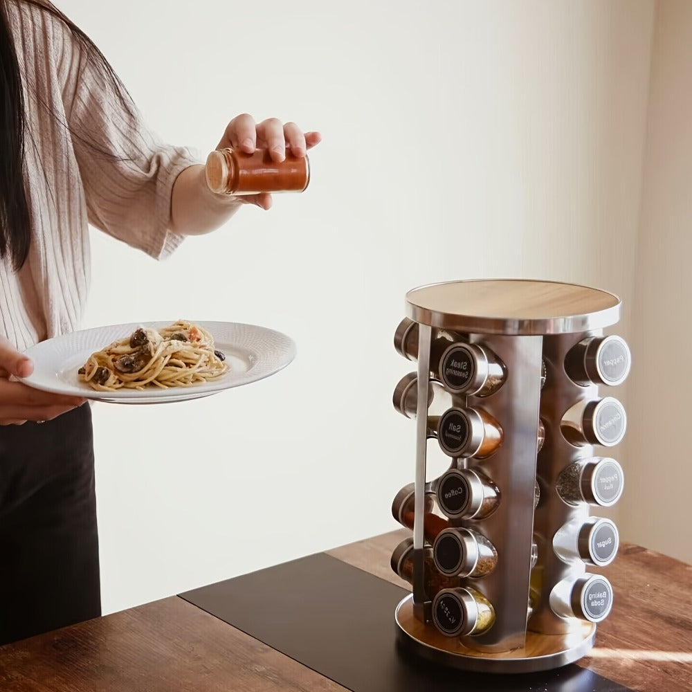 Rotating Spice Rack with 20 Glass Jars 360-Degree Revolving Stainless Steel Spice Tower for Home Cooking, Dining and Outdoor Meals