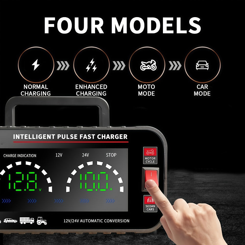 Car Battery Charger 12V/24V with LCD Display – Fast Charging Portable Maintainer for Cars, Trucks, RVs & Motorcycles, Overcharge Protection