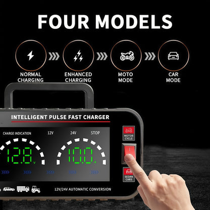 Car Battery Charger 12V/24V with LCD Display – Fast Charging Portable Maintainer for Cars, Trucks, RVs & Motorcycles, Overcharge Protection