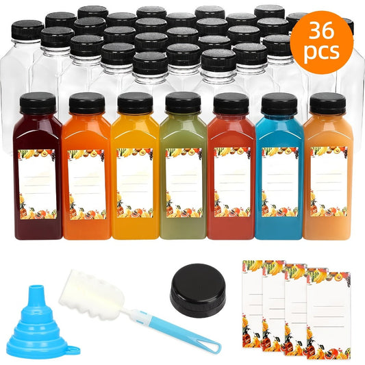 Reusable Juice Bottles 55pcs 12oz Bulk Clear Plastic Bottles with Caps Labels Funnel & Brush for Entryways, Bedrooms and Living Spaces