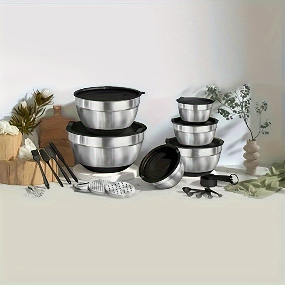 Stainless Steel Mixing Bowls with Airtight Lids 26pcs Set, 3 Grater Attachments, Bottoms, 7Qt 4Qt 2.5Qt 2Qt 1.5Qt 1Qt
