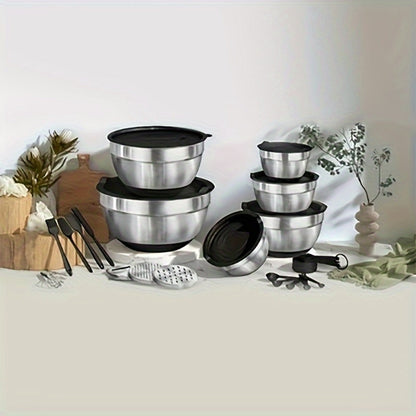 Stainless Steel Mixing Bowls with Airtight Lids 26pcs Set, 3 Grater Attachments, Bottoms, 7Qt 4Qt 2.5Qt 2Qt 1.5Qt 1Qt