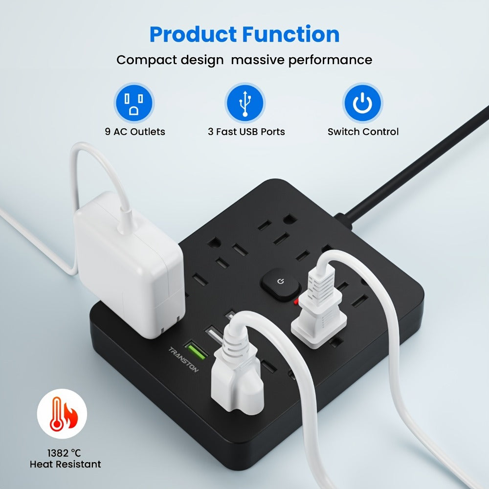 Power Strip with USB Ports, 12-in-1 with 45-Degree Angled Plug, 9 AC Outlets, 3 USB-A Ports and 10-Foot Extension Cord