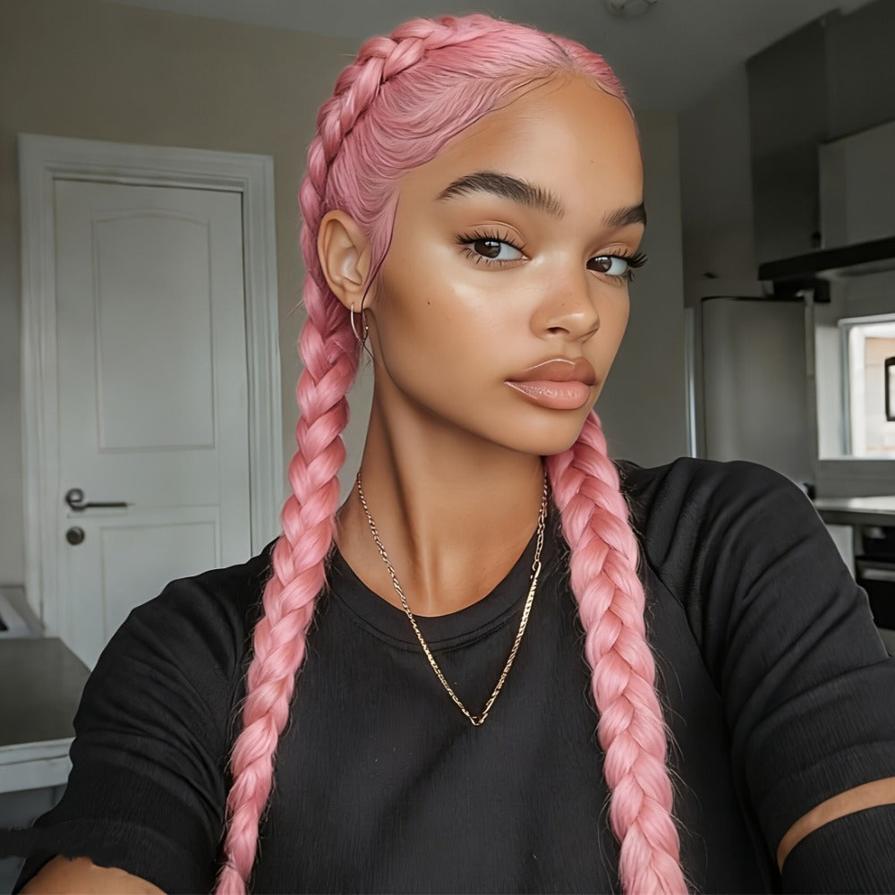 Lace Front Wig Braided Synthetic Style, 26-Inch 13x4 Front with Five Color Options and 250% Density