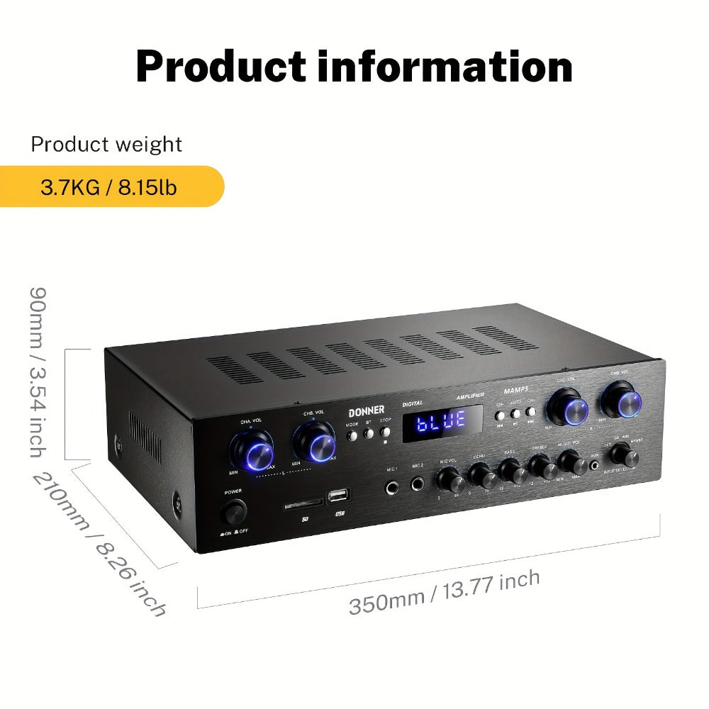 Donner 4-Channel Home Stereo Receiver Amplifier with USB SD FM Radio, Dual Mic Input Echo, RCA