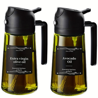 Olive Oil Dispenser Bottle 2-in-1 Glass Oil Sprayer & Dispenser 16oz Kitchen Cooking Oil Bottle with Labels for BBQ, Salad