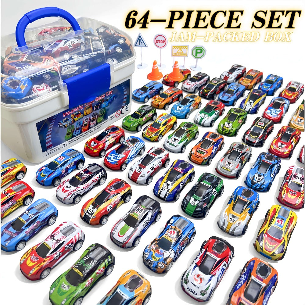 64 Pcs Pull Back Toy Car Set with City Map, Traffic Signs & Storage Box, 56 Mini Die-Cast Vehicles for Kids Boys Girls Ages 3+