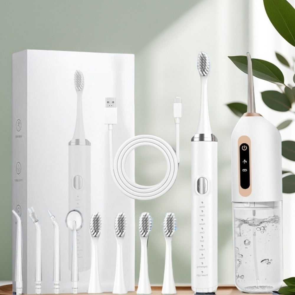 Electric Toothbrush Water Flosser Combo Set – 3 Modes USB Rechargeable Oral Care Kit with 4 Brush Heads & 4 Nozzles