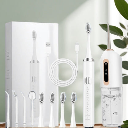 Electric Toothbrush Water Flosser Combo Set – 3 Modes USB Rechargeable Oral Care Kit with 4 Brush Heads & 4 Nozzles