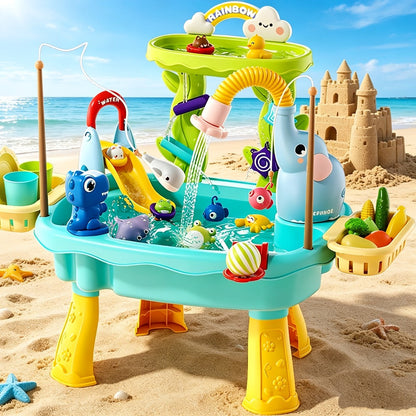 Kids Water Table Toy with Electric Pump & Faucet for Toddlers - Play Sink with Food Accessories & Fishing Toy