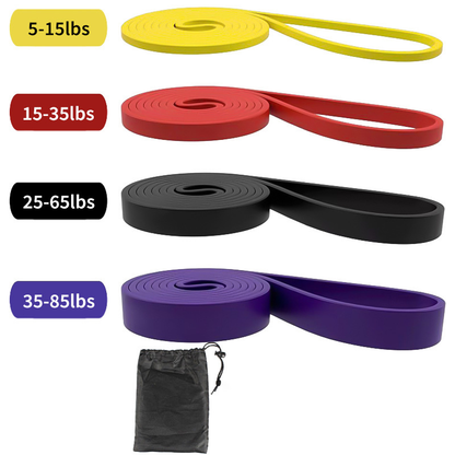 Four-Piece Mixed-Color Long Loop Resistance Band Set with Drawstring Bag and Pictured 5-125 lb Labels