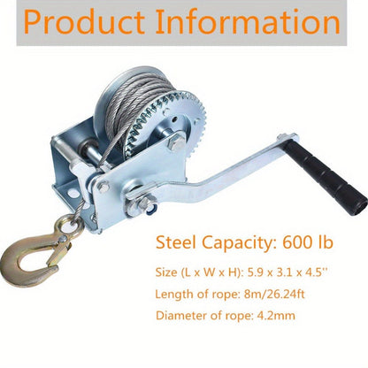 Manual Hand Winch Carbon Steel 800- - Double Brake Safety System, Strap Winch with Mooring Hook & Safety Pawl