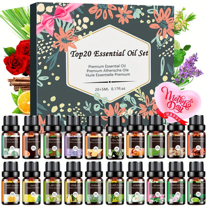 Essential Oil Assortment in 12, 20 or 26 Five-Milliliter Amber Bottles with Floral Gift Box