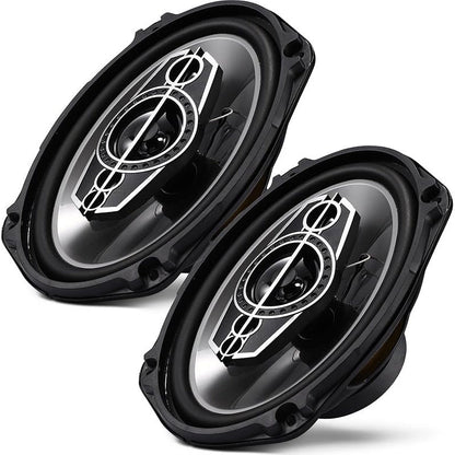 Pair of 6 x 9 Inch Five-Way Coaxial Car Speakers Labeled 1000W Peak, 120W RMS and 4 Ohms with Grilles
