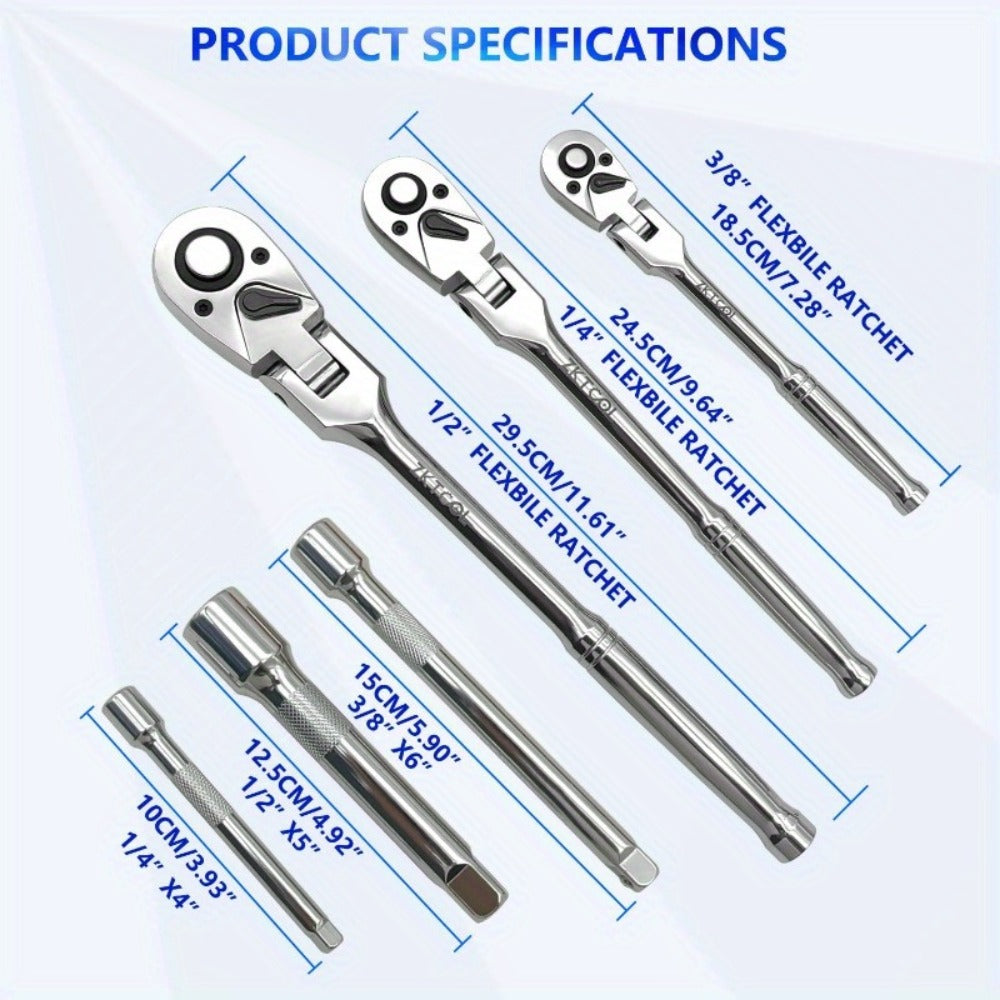 Swivel Head Ratchet Wrench Set – Spring-Loaded Flex Head 1/4" 3/8" 1/2" Drive with Extension Bar, Single or Multi-Pack for Auto & Mechanical