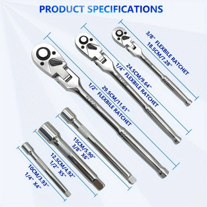 Swivel Head Ratchet Wrench Set – Spring-Loaded Flex Head 1/4" 3/8" 1/2" Drive with Extension Bar, Single or Multi-Pack for Auto & Mechanical