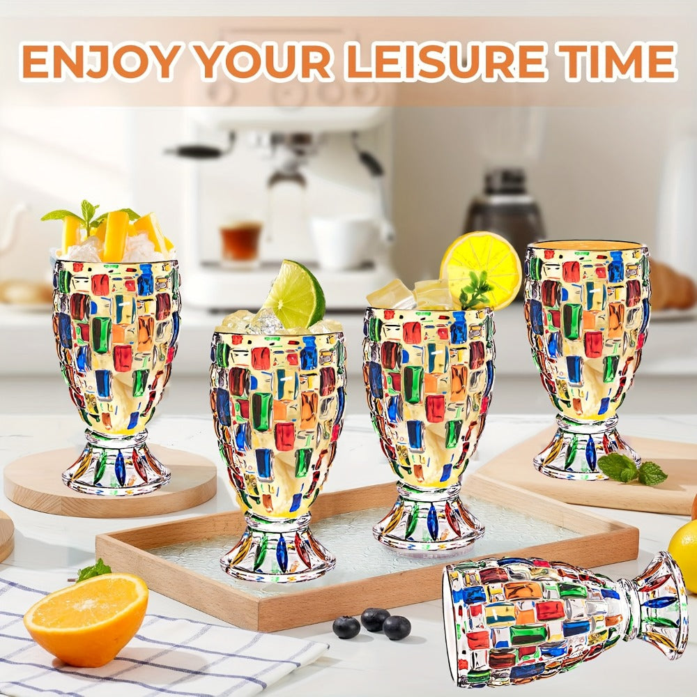 Footed Glass Drinkware Set, Color-Block Pattern Goblets in 4 or 8-Piece Options for Table and Party Service