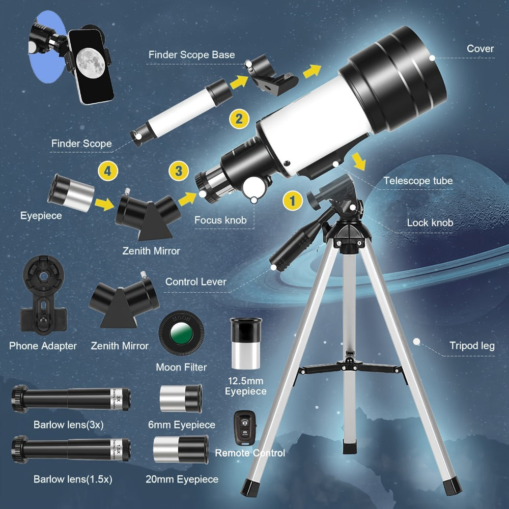 Monocular Telescope 150X with 3 Eyepieces, 70mm Aperture & Tripod – Portable Astronomical Refractor with Phone Holder & Barlow Lens