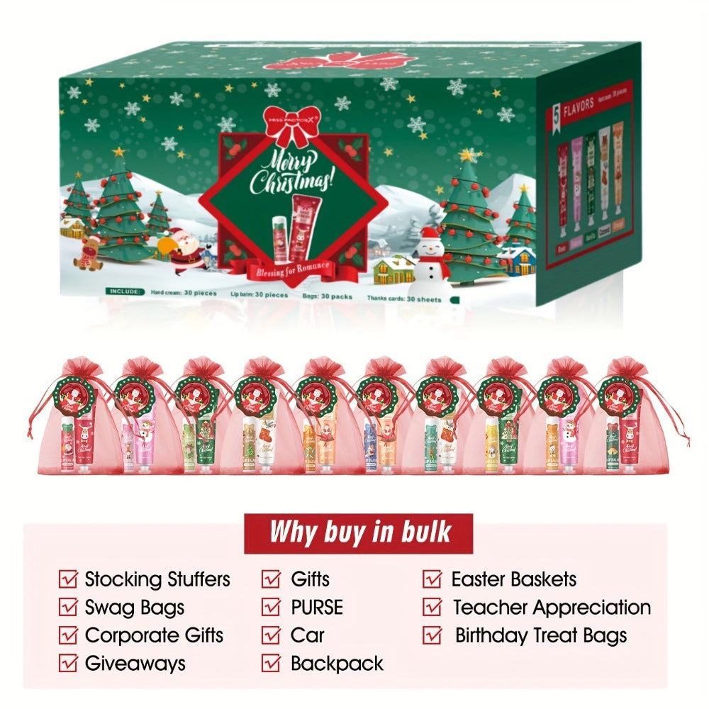 Bulk Gift Set 120 Pieces Lip Balm & Hand Cream with Red Velvet Bags & Holiday Cards – Moisturizing Party Favors for Colleagues