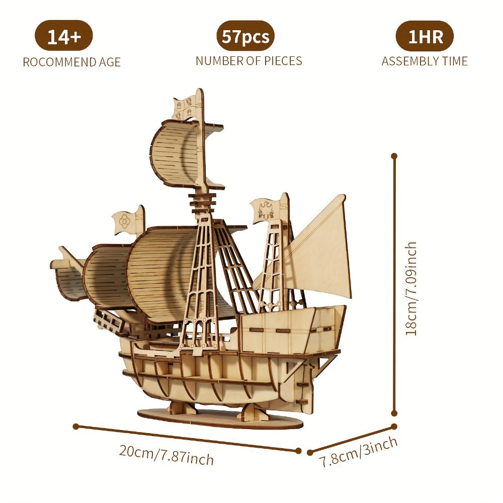 3D Wooden Model Kit Ocean Sailboat – DIY Assembly Puzzle for Adults & Teens, Handcrafted Sailing Ship Brain Teaser