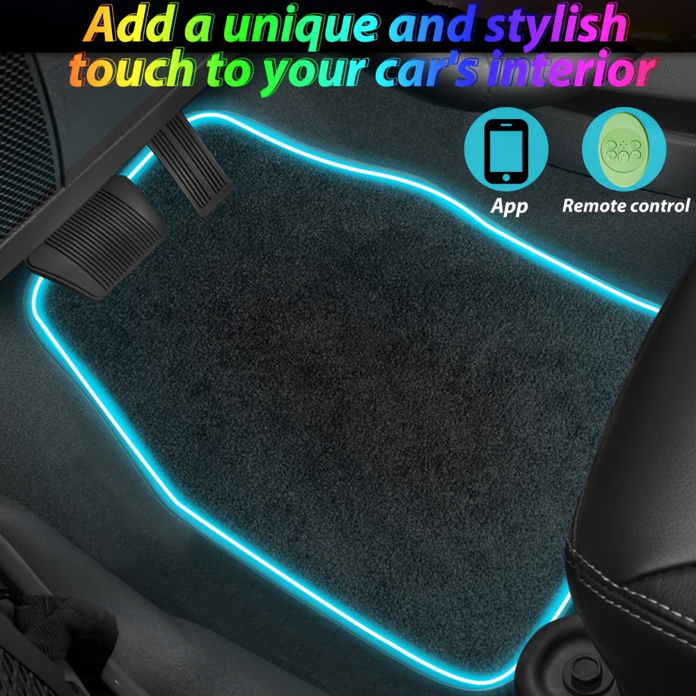 Edge-Lighted Car Floor Mats, Four-Piece Set with App-Controlled RGB Strip and Soft or PU Surface Options