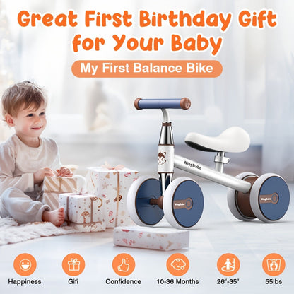 4 Wheel Balance Bike for Baby Toddlers 10-36 Months, First Bike with Adjustable Seat, 90° Steering Limit & Silent Anti-Slip Tires
