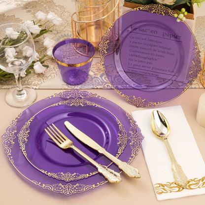 Disposable Party Plates Set 175 Pieces for 25 Guests Clear Plastic Plates with Gold Trim for Entryways, Bedrooms and Living Spaces