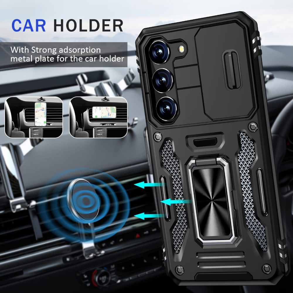Samsung Galaxy Shockproof Magnetic Phone Case with 360° Rotating Ring Bracket & Sliding Lens Protector – Heavy Duty Cover for S24FE S23FE