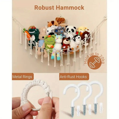 Stuffed Animal Storage Hammock with Lights Corner Hanging Toy Net Organizer for Nursery for Entryways, Bedrooms and Living Spaces