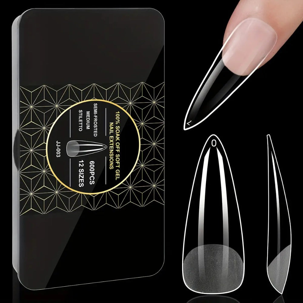 Gel Nail Tips 600 Pieces Clear Crystal Full Cover Nail Extensions – Almond Oval Coffin Stiletto Square Short Medium Long Soft Gel False