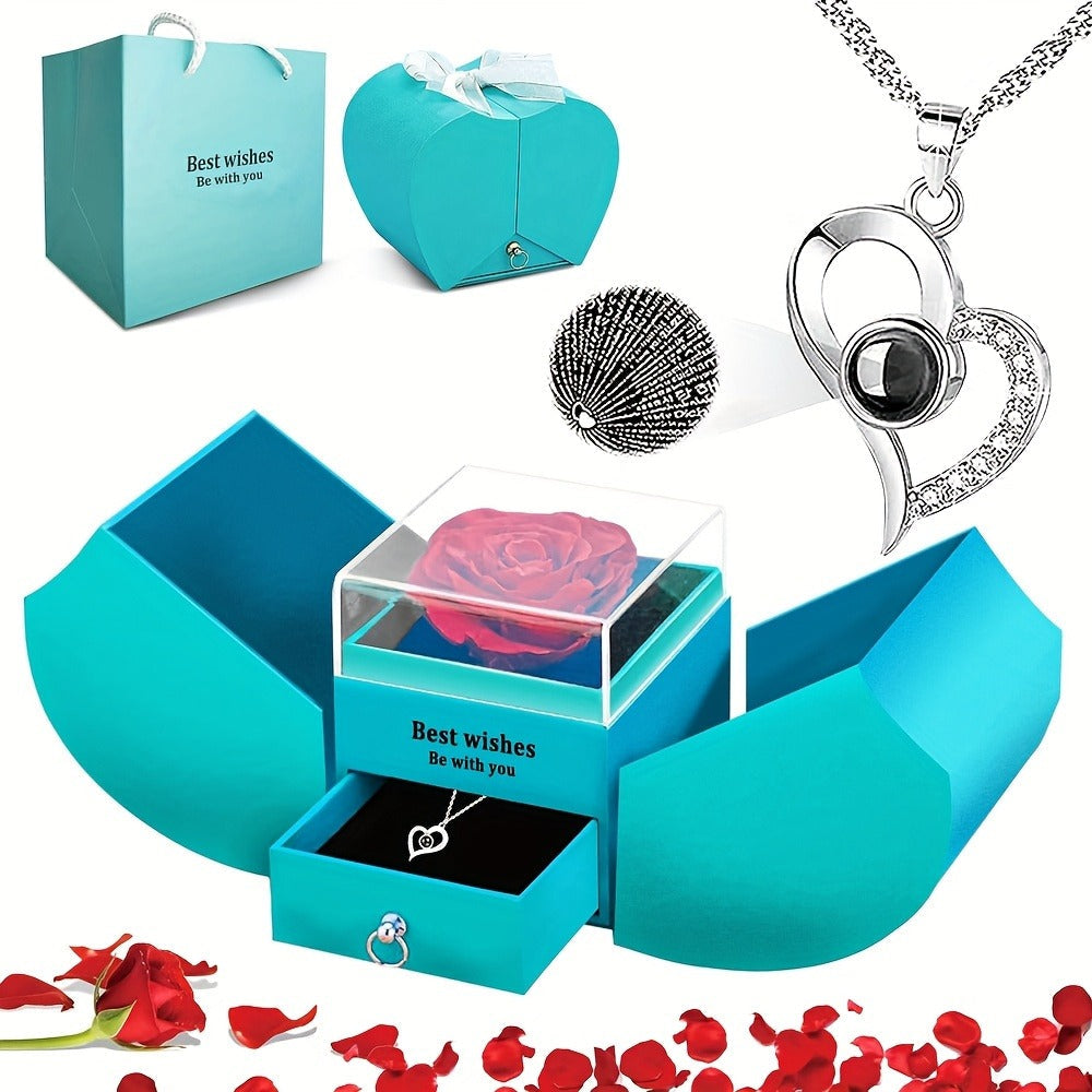 Preserved Real Rose Gift Box with I Love You in 100 Languages Necklace, Romantic Gifts for Girlfriend Wife Mom