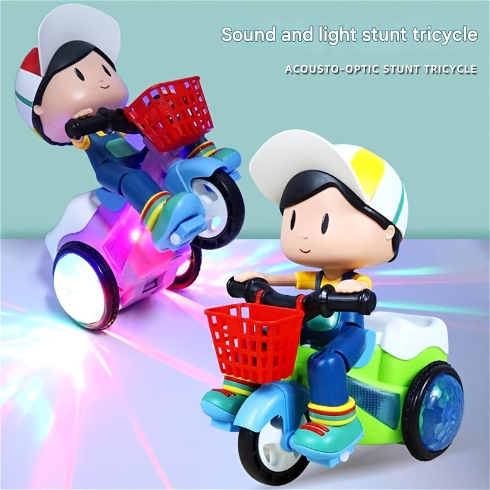 Kids Electric Tricycle Toy Motorcycle with 360° Rotation & Luminous Lights, Push & Power Dual-Mode Stunt Vehicle for Toddlers Boys Girls