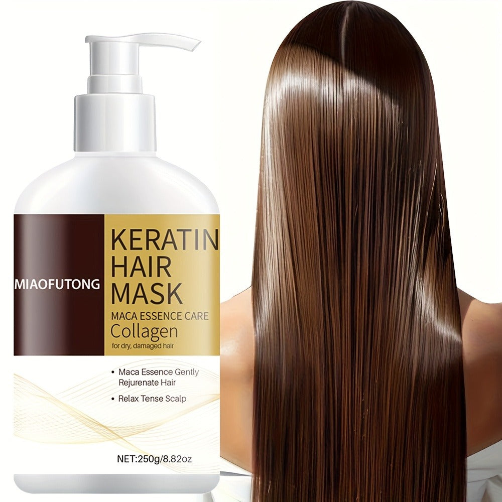 250g Keratin and Collagen Hair Mask in Pump Bottle with Argan, Castor and Rosemary Oils Named on Label