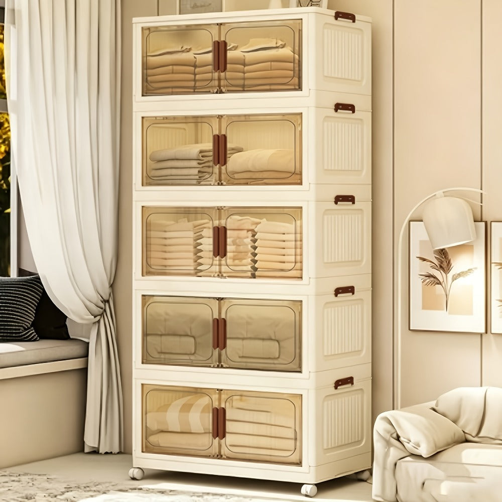 Foldable Storage Cabinet with Door, Multi-Layer Stackable Storage Box for Shoes, Clothes & Books