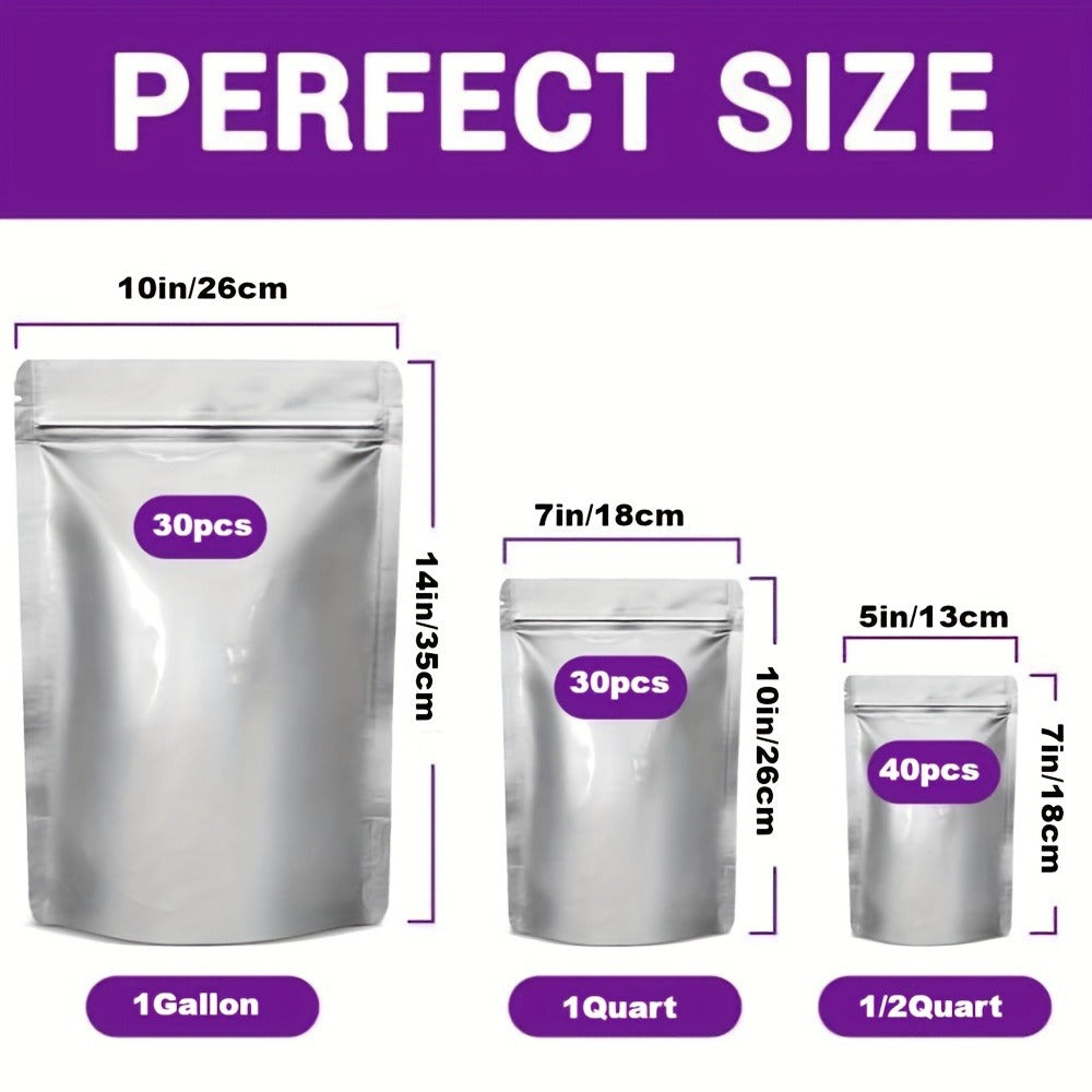 Mylar Bags for Food Storage 100 Pack Resealable 3 Sizes 1 Gallon 10 Mil 1 Quart 8 Mil Half for Entryways, Bedrooms and Living Spaces