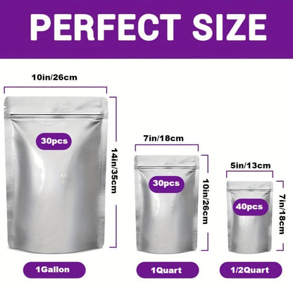 Mylar Bags for Food Storage 100 Pack Resealable 3 Sizes 1 Gallon 10 Mil 1 Quart 8 Mil Half for Entryways, Bedrooms and Living Spaces