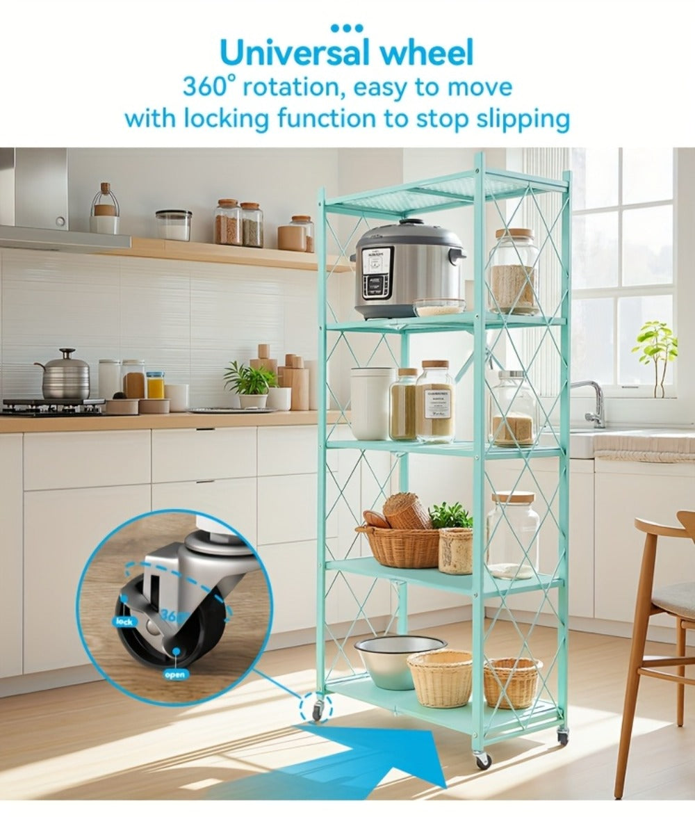 Three-to-Five-Tier Foldable Storage Rack with Carbon Steel Frame, Lockable Wheels and Three Colors